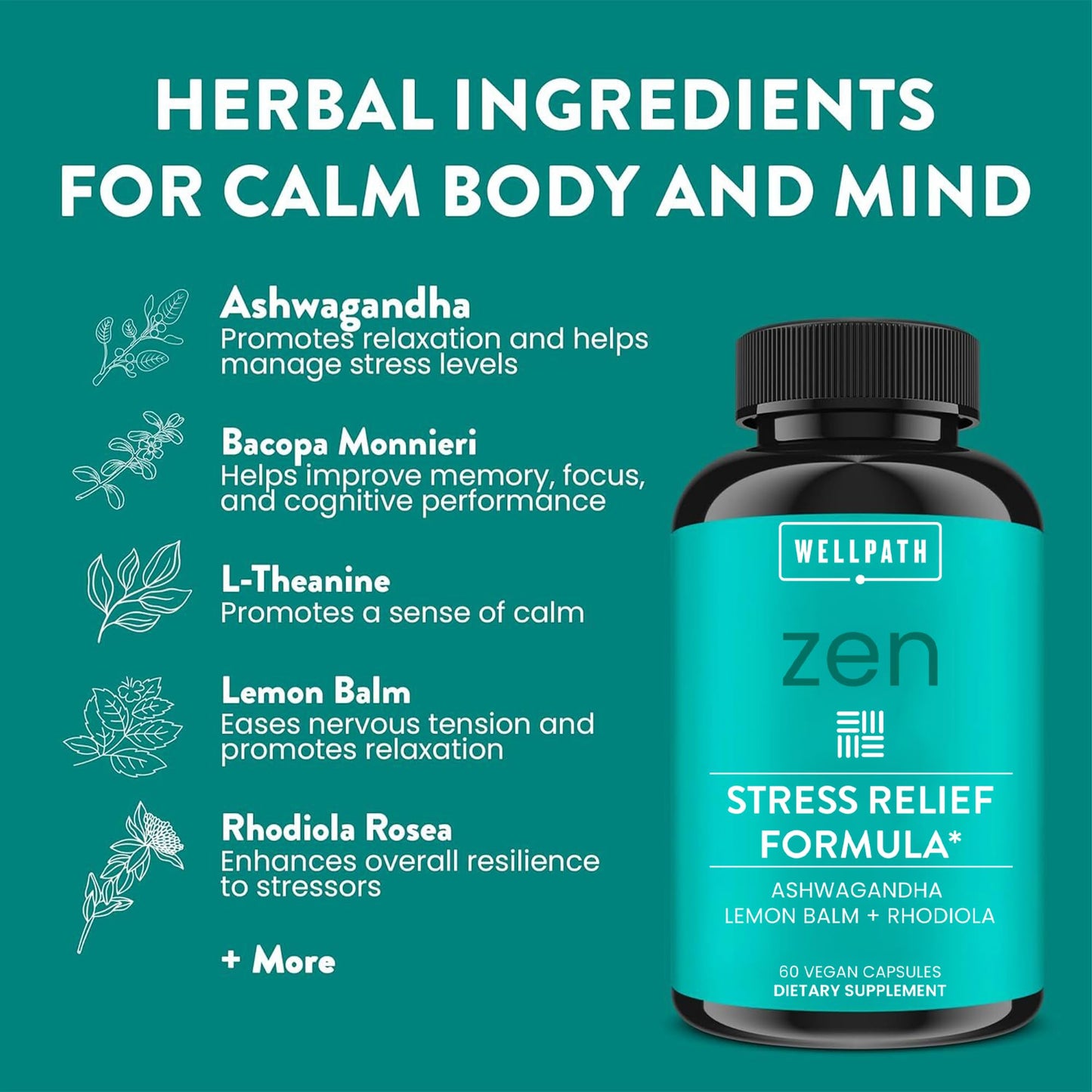 WellPath Zen Stress Relief Supplement + Mood Support | Calm, Stress & Energy Support | Ashwagandha Root, Rhodiola Rosea, L-Theanine, Lemon Balm | Herbal Capsules, 60 Ct - dailyvitalstore
