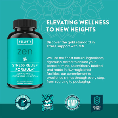 WellPath Zen Stress Relief Supplement + Mood Support | Calm, Stress & Energy Support | Ashwagandha Root, Rhodiola Rosea, L-Theanine, Lemon Balm | Herbal Capsules, 60 Ct - dailyvitalstore