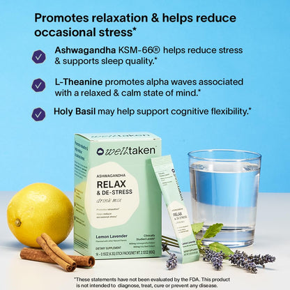 WellTaken Ashwagandha Relax & De-Stress Powder - Lemon Lavender 14ct Box - 600mg Ashwagandha, 200mg L-Theanine, Holy Basil – Supports Stress, Relaxation – Vegan, No Added Sugar - 14 Servings - dailyvitalstore