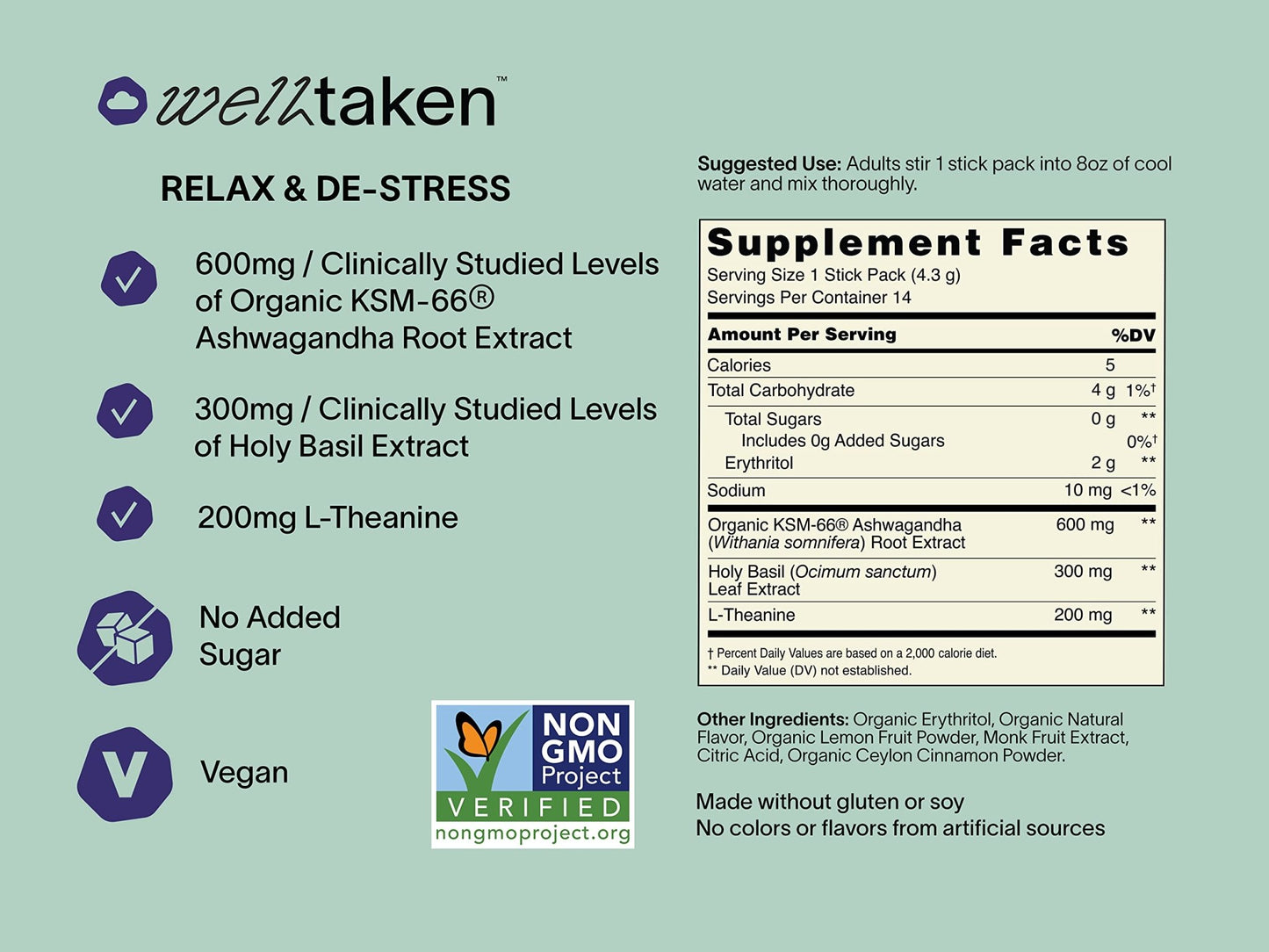 WellTaken Ashwagandha Relax & De-Stress Powder - Lemon Lavender 14ct Box - 600mg Ashwagandha, 200mg L-Theanine, Holy Basil – Supports Stress, Relaxation – Vegan, No Added Sugar - 14 Servings - dailyvitalstore