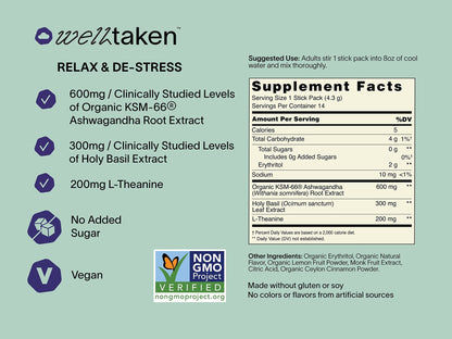 WellTaken Ashwagandha Relax & De-Stress Powder - Lemon Lavender 14ct Box - 600mg Ashwagandha, 200mg L-Theanine, Holy Basil – Supports Stress, Relaxation – Vegan, No Added Sugar - 14 Servings - dailyvitalstore