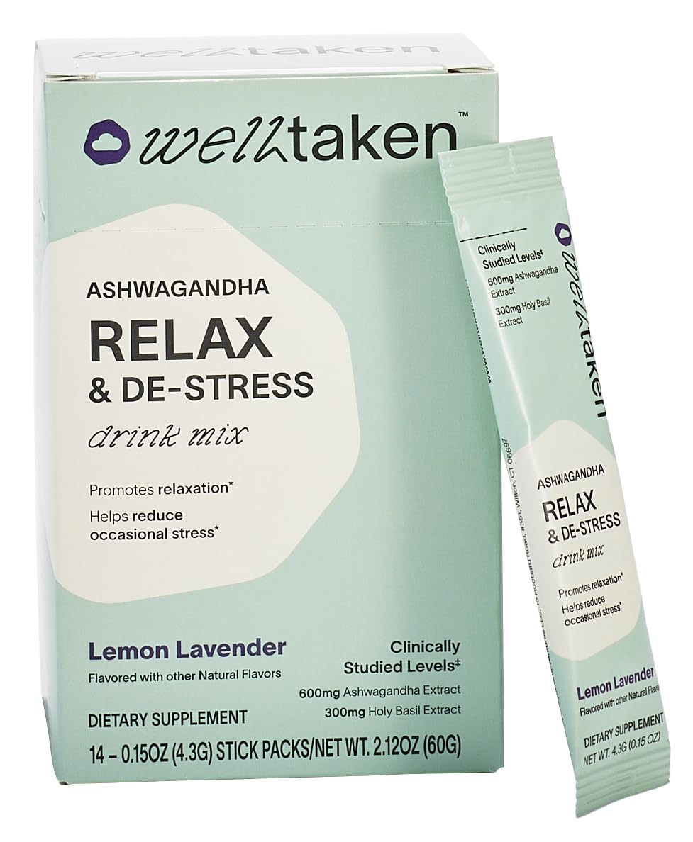 WellTaken Ashwagandha Relax & De-Stress Powder - Lemon Lavender 14ct Box - 600mg Ashwagandha, 200mg L-Theanine, Holy Basil – Supports Stress, Relaxation – Vegan, No Added Sugar - 14 Servings - dailyvitalstore