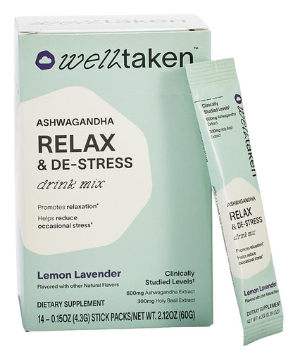 WellTaken Ashwagandha Relax & De-Stress Powder - Lemon Lavender 14ct Box - 600mg Ashwagandha, 200mg L-Theanine, Holy Basil – Supports Stress, Relaxation – Vegan, No Added Sugar - 14 Servings - dailyvitalstore