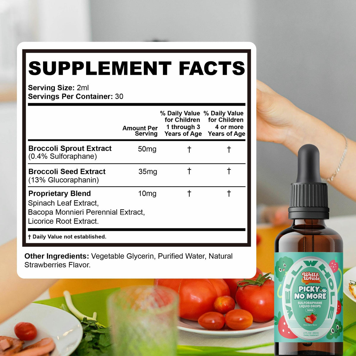 Well&Whole Sulforaphane Kids Liquid Supplement – Pick No More Broccoli Sprout Extract Drops, Hidden Greens for Picky Eaters, Daily Nutrition Support, Sugar-Free, Vegan, 60mL - dailyvitalstore