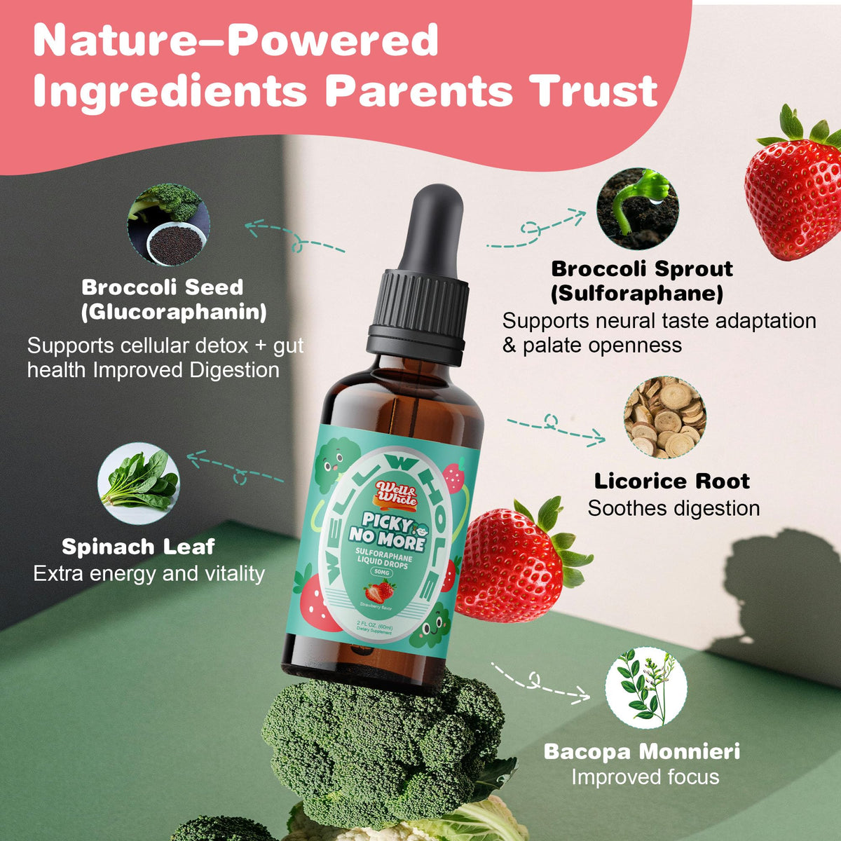 Well&Whole Sulforaphane Kids Liquid Supplement – Pick No More Broccoli Sprout Extract Drops, Hidden Greens for Picky Eaters, Daily Nutrition Support, Sugar-Free, Vegan, 60mL - dailyvitalstore
