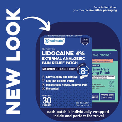 WELMATE - 4% Lidocaine Numbing Patch - Maximum Strength - Temporary Relief of Pain, Back, Neck, Shoulders, Knees, Elbows, Minor Skin Irritations - Topical Analgesic Unscented - 30 ct - dailyvitalstore