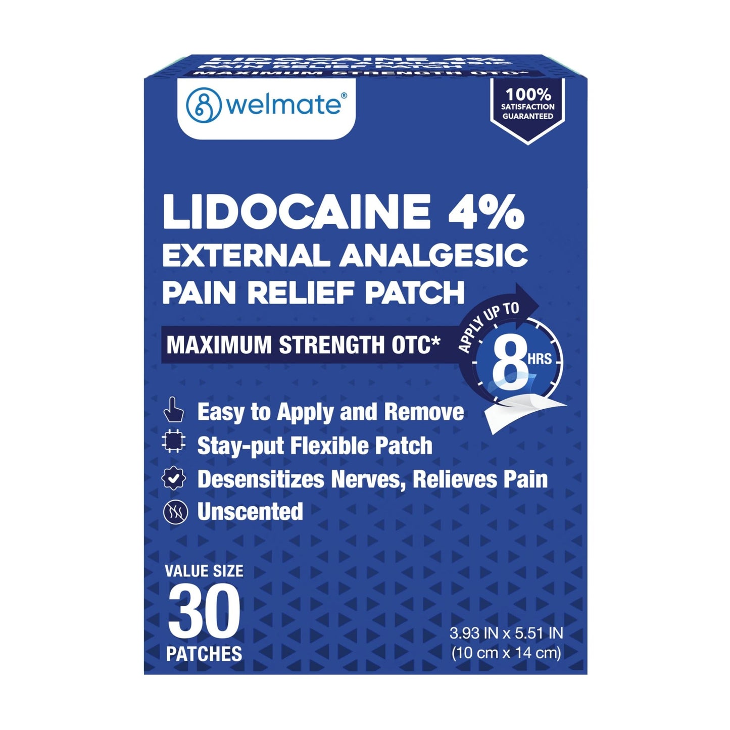 WELMATE - 4% Lidocaine Numbing Patch - Maximum Strength - Temporary Relief of Pain, Back, Neck, Shoulders, Knees, Elbows, Minor Skin Irritations - Topical Analgesic Unscented - 30 ct - dailyvitalstore