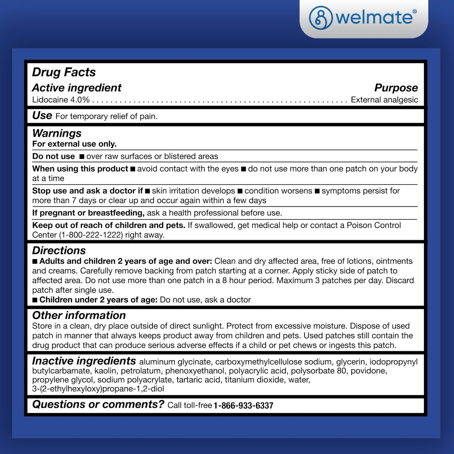 WELMATE - 4% Lidocaine Numbing Patch - Maximum Strength - Temporary Relief of Pain, Back, Neck, Shoulders, Knees, Elbows, Minor Skin Irritations - Topical Analgesic Unscented - 30 ct - dailyvitalstore