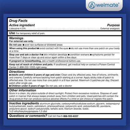 WELMATE - 4% Lidocaine Numbing Patch - Maximum Strength - Temporary Relief of Pain, Back, Neck, Shoulders, Knees, Elbows, Minor Skin Irritations - Topical Analgesic Unscented - 30 ct - dailyvitalstore