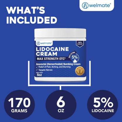 WELMATE 5% Lidocaine Cream for Hemorrhoids, 6 oz Jar – Fast-Acting Lidocaine Numbing Cream & Topical Analgesic Cream for Anorectal Itch Relief - dailyvitalstore