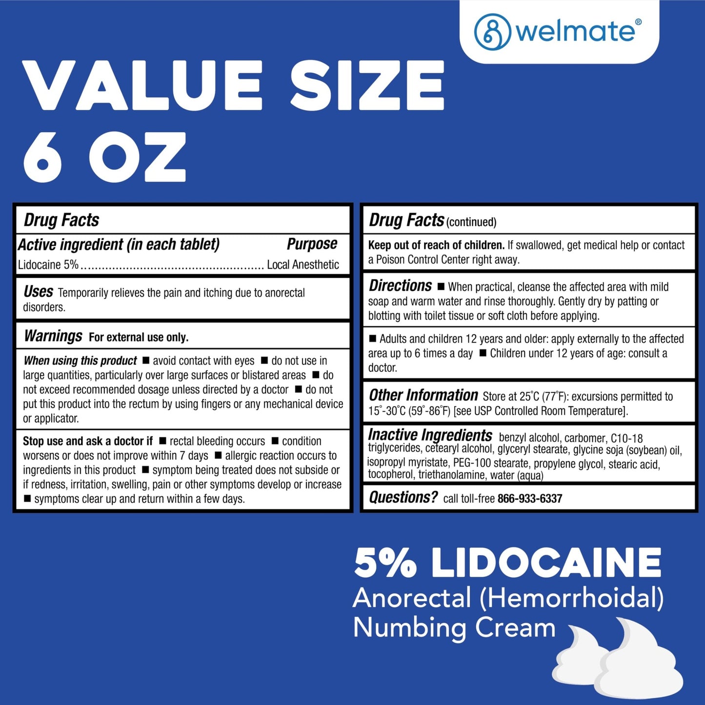 WELMATE 5% Lidocaine Cream for Hemorrhoids, 6 oz Jar – Fast-Acting Lidocaine Numbing Cream & Topical Analgesic Cream for Anorectal Itch Relief - dailyvitalstore