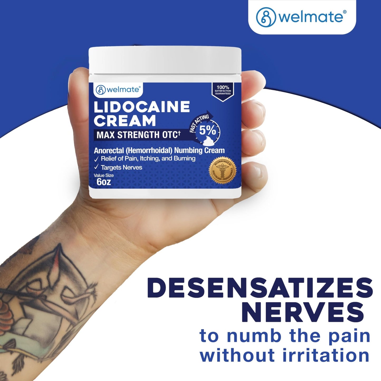 WELMATE 5% Lidocaine Cream for Hemorrhoids, 6 oz Jar – Fast-Acting Lidocaine Numbing Cream & Topical Analgesic Cream for Anorectal Itch Relief - dailyvitalstore