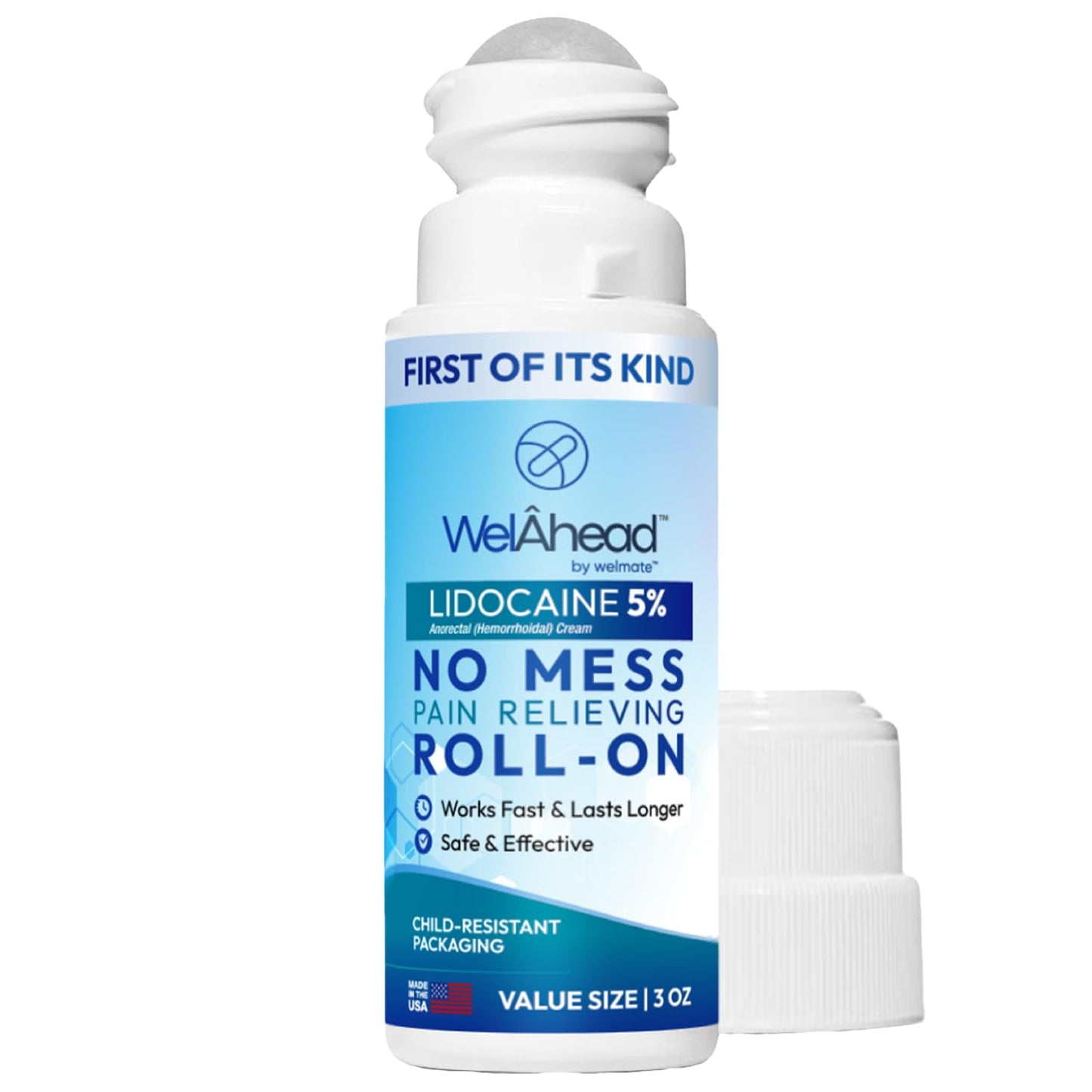 WELMATE - 5% Lidocaine Roll-On (3 oz Value Size) - No Mess Targeted Relief - Topical Anesthetic - Hemorrhoid Relief - Aloe Vera - Fast Acting & Long Lasting - Over-The-Counter Medication - First Aid - dailyvitalstore