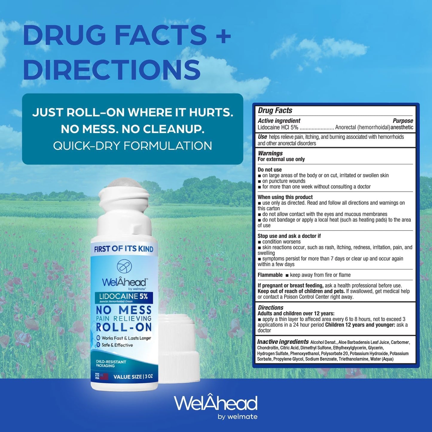 WELMATE - 5% Lidocaine Roll-On (3 oz Value Size) - No Mess Targeted Relief - Topical Anesthetic - Hemorrhoid Relief - Aloe Vera - Fast Acting & Long Lasting - Over-The-Counter Medication - First Aid - dailyvitalstore