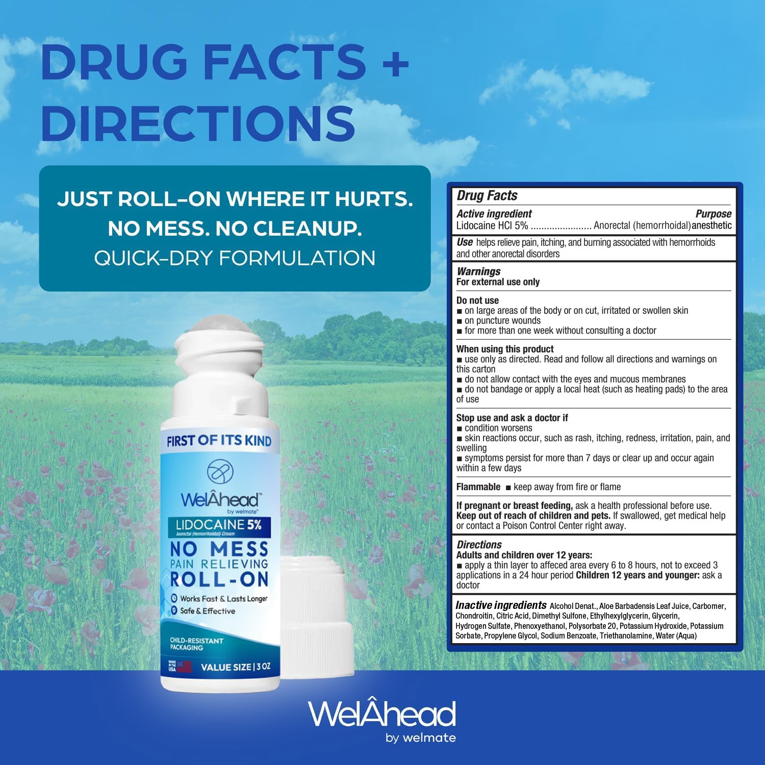 WELMATE - 5% Lidocaine Roll-On (3 oz Value Size) - No Mess Targeted Relief - Topical Anesthetic - Hemorrhoid Relief - Aloe Vera - Fast Acting & Long Lasting - Over-The-Counter Medication - First Aid - dailyvitalstore