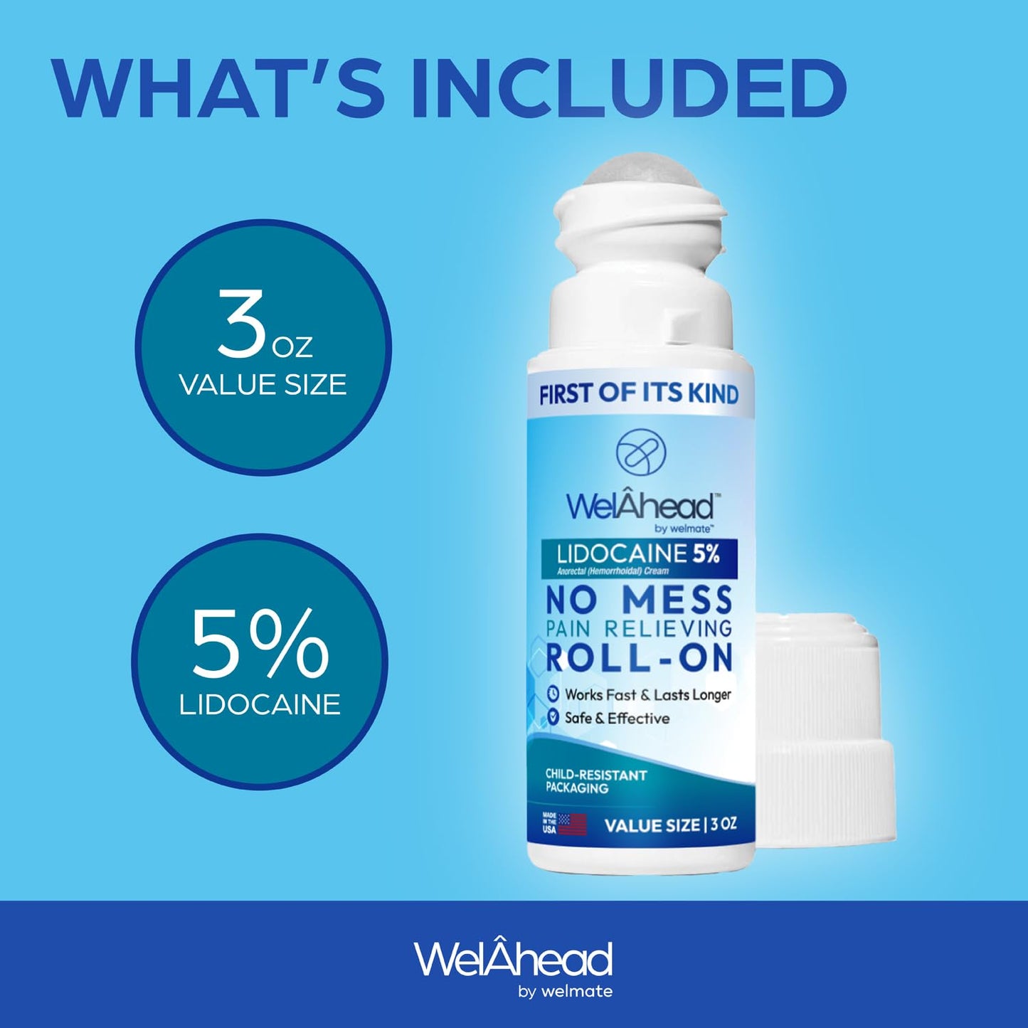 WELMATE - 5% Lidocaine Roll-On (3 oz Value Size) - No Mess Targeted Relief - Topical Anesthetic - Hemorrhoid Relief - Aloe Vera - Fast Acting & Long Lasting - Over-The-Counter Medication - First Aid - dailyvitalstore