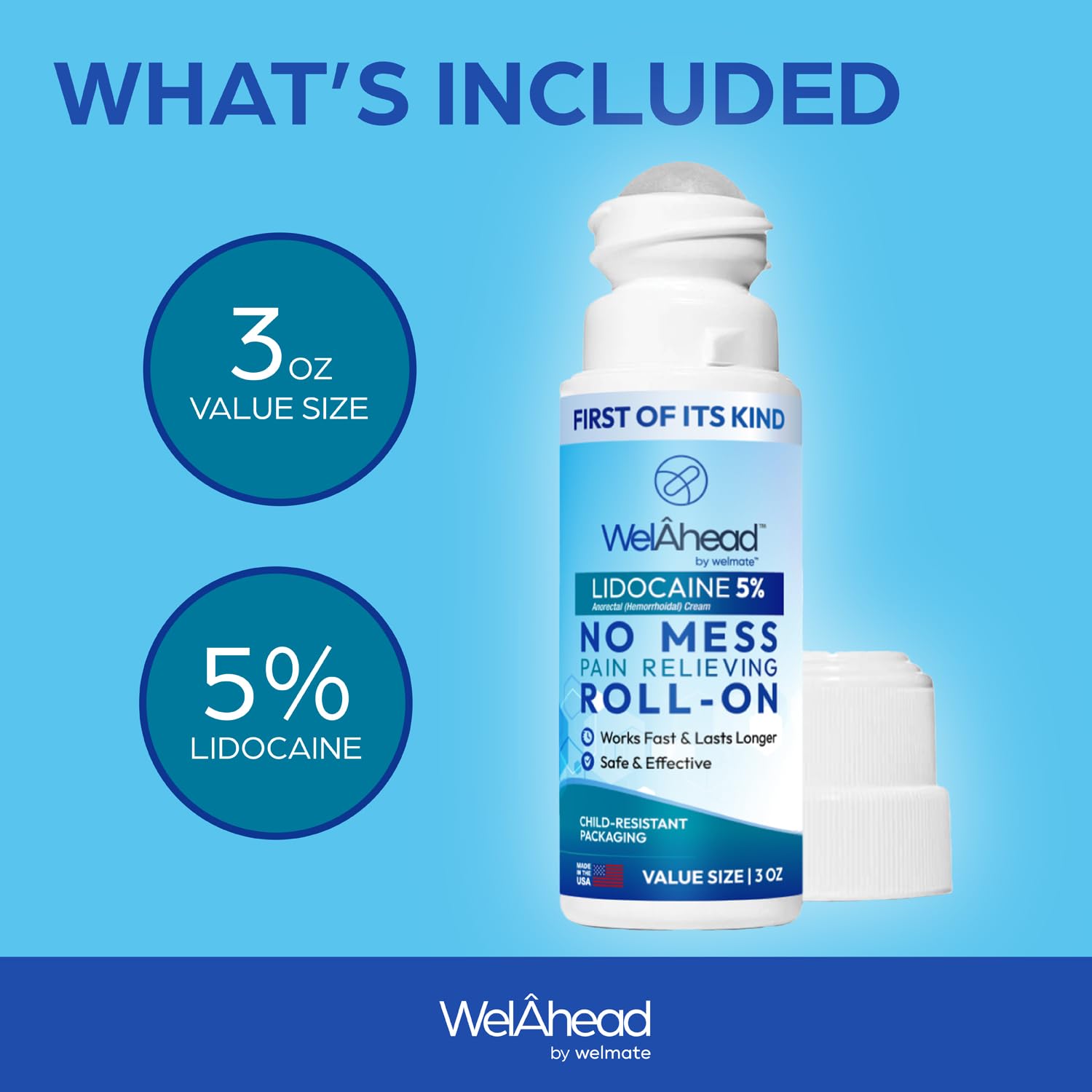 WELMATE - 5% Lidocaine Roll-On (3 oz Value Size) - No Mess Targeted Relief - Topical Anesthetic - Hemorrhoid Relief - Aloe Vera - Fast Acting & Long Lasting - Over-The-Counter Medication - First Aid - dailyvitalstore