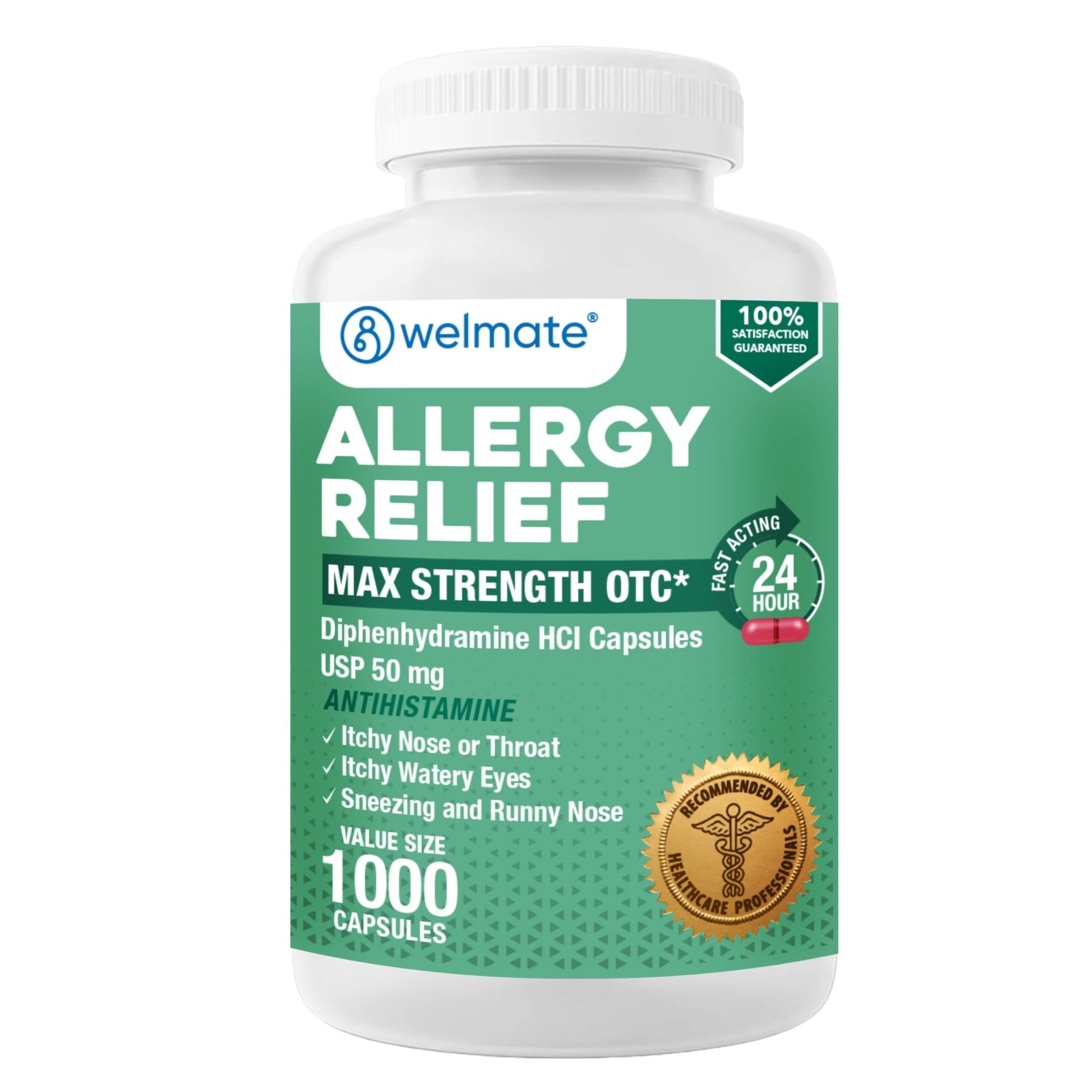 WELMATE Allergy Relief - Diphenhydramine 50 mg - 1000 Count Capsules - Antihistamine - Allergy & Cold Symptoms - Sneezing, Runny Nose, Itchy Eyes & Throat - dailyvitalstore
