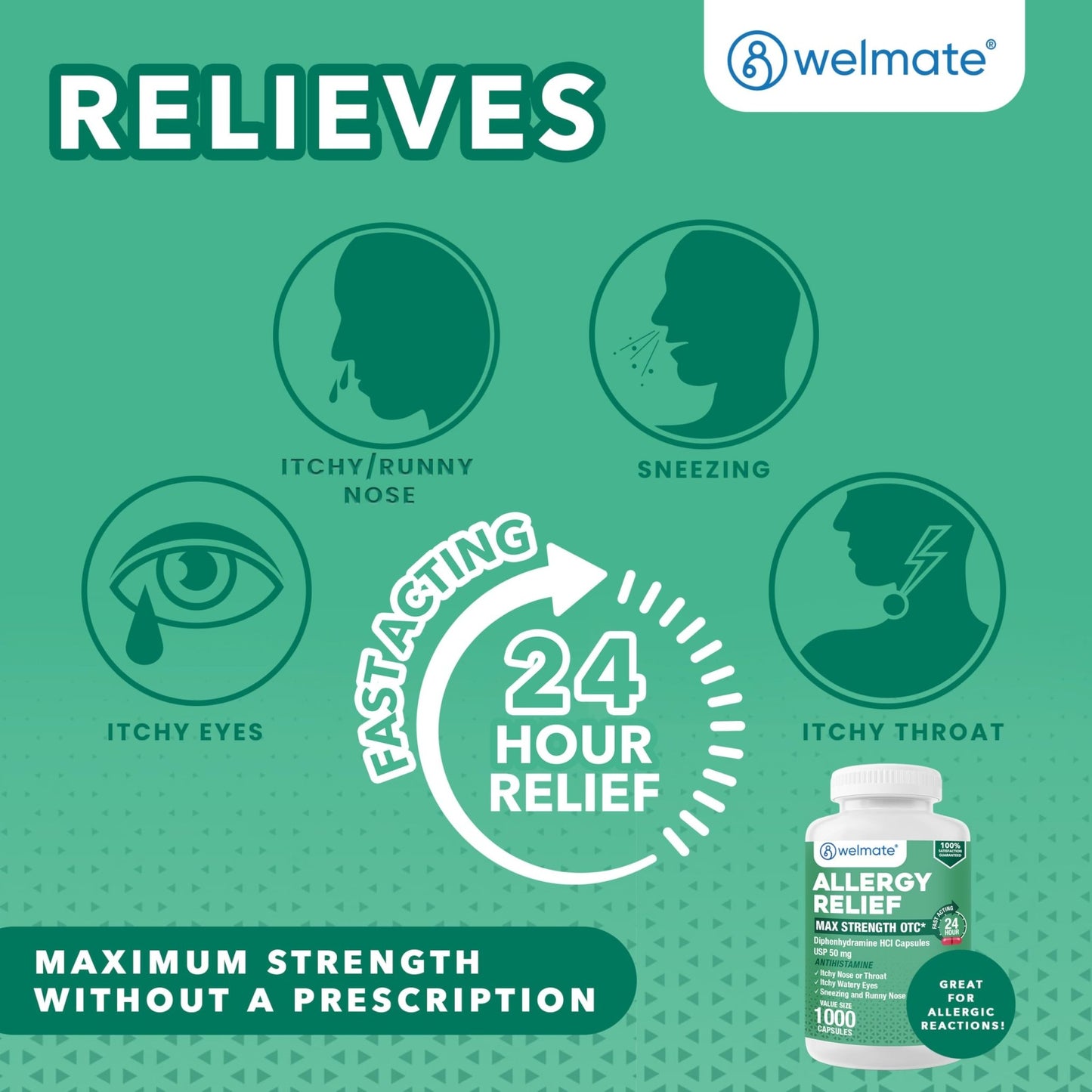 WELMATE Allergy Relief - Diphenhydramine 50 mg - 1000 Count Capsules - Antihistamine - Allergy & Cold Symptoms - Sneezing, Runny Nose, Itchy Eyes & Throat - dailyvitalstore