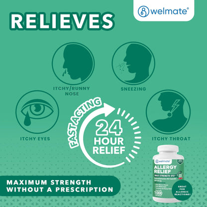 WELMATE Allergy Relief - Diphenhydramine 50 mg - 1000 Count Capsules - Antihistamine - Allergy & Cold Symptoms - Sneezing, Runny Nose, Itchy Eyes & Throat - dailyvitalstore