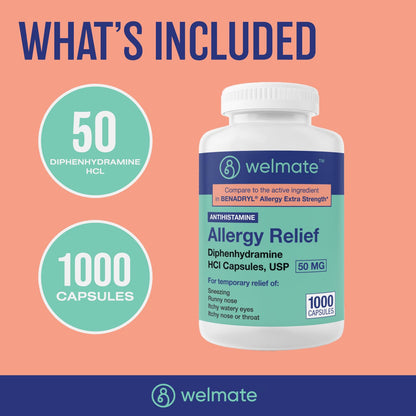 WELMATE Allergy Relief - Diphenhydramine 50 mg - 1000 Count Capsules - Antihistamine - Allergy & Cold Symptoms - Sneezing, Runny Nose, Itchy Eyes & Throat - dailyvitalstore