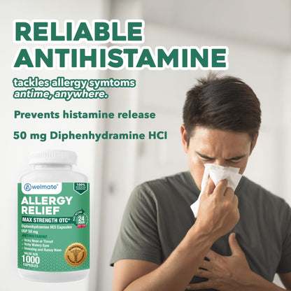 WELMATE Allergy Relief - Diphenhydramine 50 mg - 1000 Count Capsules - Antihistamine - Allergy & Cold Symptoms - Sneezing, Runny Nose, Itchy Eyes & Throat - dailyvitalstore