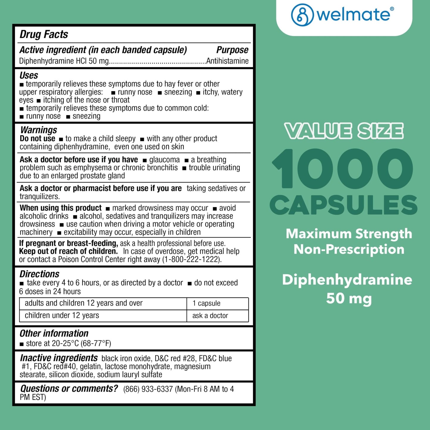 WELMATE Allergy Relief - Diphenhydramine 50 mg - 1000 Count Capsules - Antihistamine - Allergy & Cold Symptoms - Sneezing, Runny Nose, Itchy Eyes & Throat - dailyvitalstore