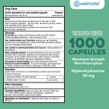 WELMATE Allergy Relief - Diphenhydramine 50 mg - 1000 Count Capsules - Antihistamine - Allergy & Cold Symptoms - Sneezing, Runny Nose, Itchy Eyes & Throat - dailyvitalstore