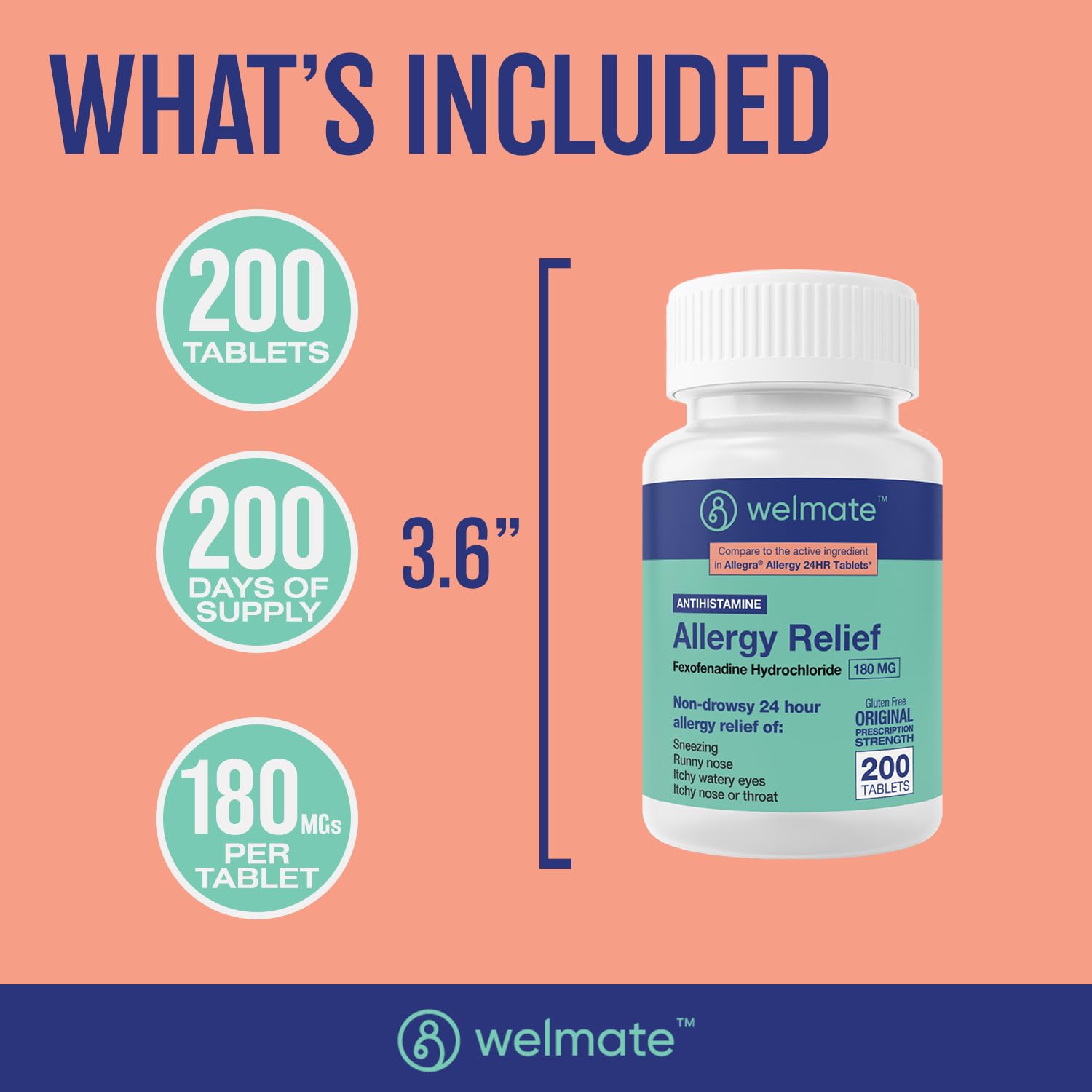 WELMATE | Allergy Relief | Fexofenadine HCl 180 mg | 24 Hour Non-Drowsy Antihistamine | Sneezing | Runny Nose | Itchy Eyes, Nose & Throat | Indoor & Outdoor Allergy Relief Tablets | 200 Count - dailyvitalstore