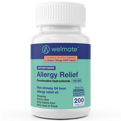 WELMATE | Allergy Relief | Fexofenadine HCl 180 mg | 24 Hour Non-Drowsy Antihistamine | Sneezing | Runny Nose | Itchy Eyes, Nose & Throat | Indoor & Outdoor Allergy Relief Tablets | 200 Count - dailyvitalstore