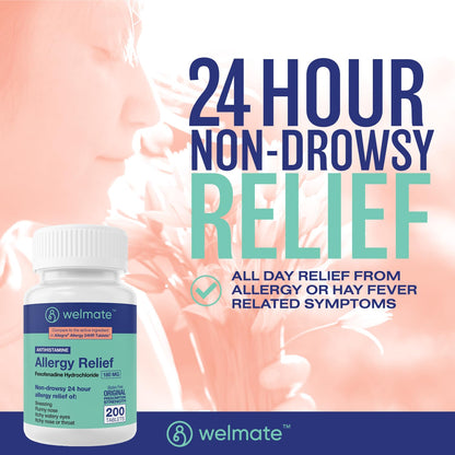 WELMATE | Allergy Relief | Fexofenadine HCl 180 mg | 24 Hour Non-Drowsy Antihistamine | Sneezing | Runny Nose | Itchy Eyes, Nose & Throat | Indoor & Outdoor Allergy Relief Tablets | 200 Count - dailyvitalstore