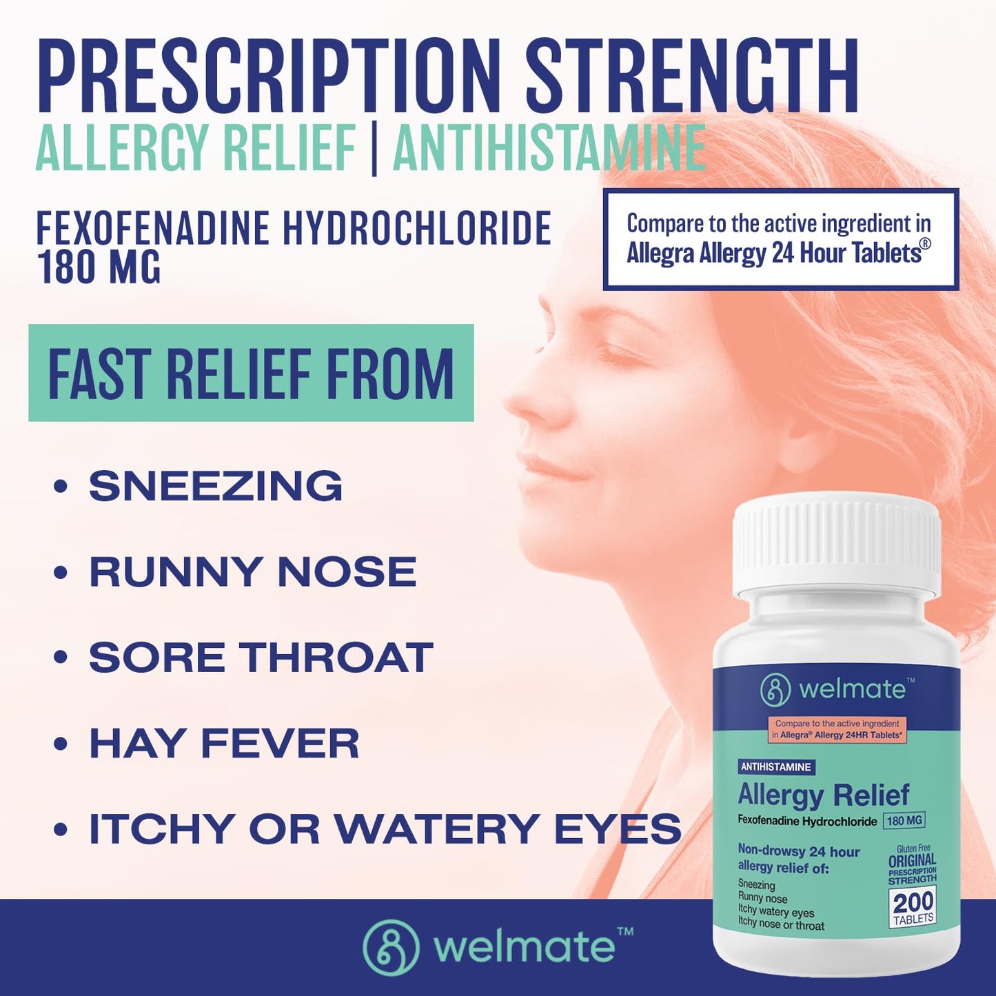 WELMATE | Allergy Relief | Fexofenadine HCl 180 mg | 24 Hour Non-Drowsy Antihistamine | Sneezing | Runny Nose | Itchy Eyes, Nose & Throat | Indoor & Outdoor Allergy Relief Tablets | 200 Count - dailyvitalstore