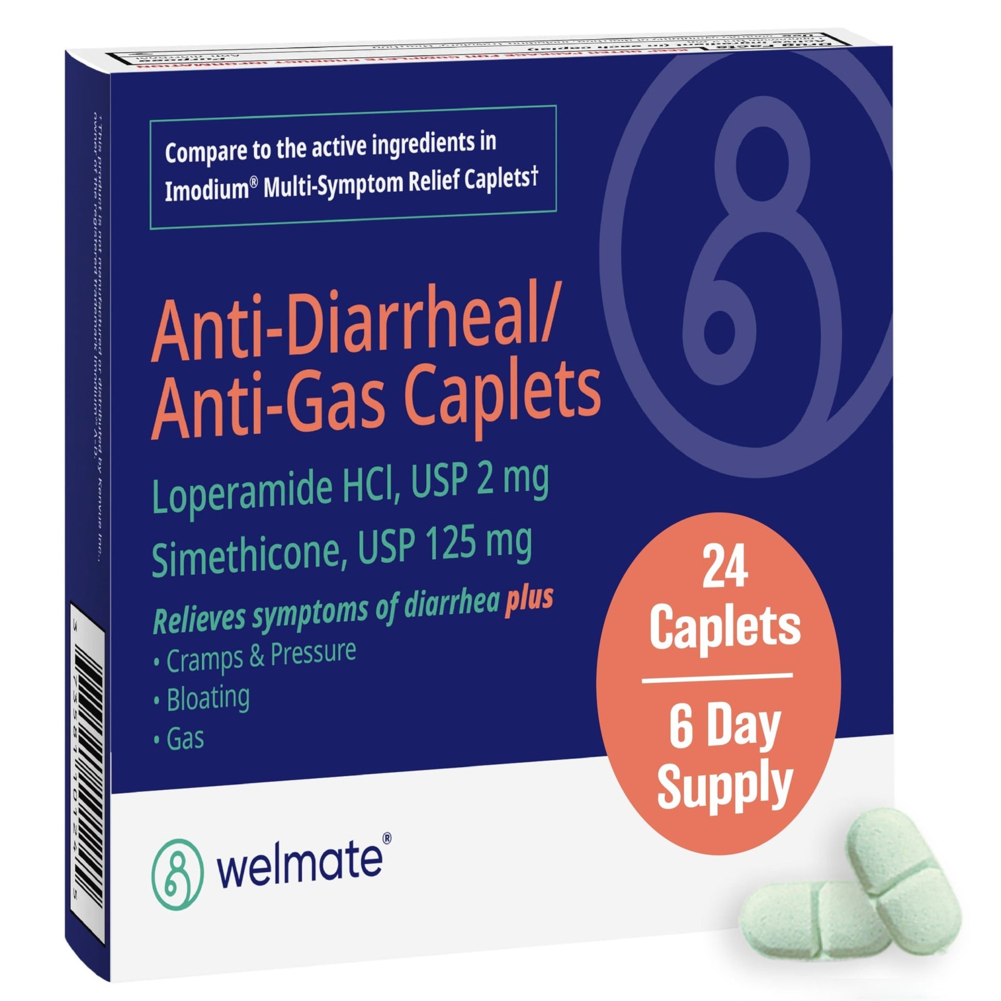 WELMATE - Anti-Diarrheal/Anti-Gas Caplets (24 Count) - Diarrhea, Gas, Bloating, Cramps - Loperamide HCl 2mg & Simethicone 125mg - OTC Medication - dailyvitalstore