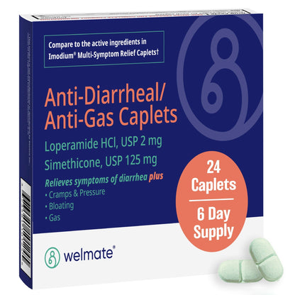 WELMATE - Anti-Diarrheal/Anti-Gas Caplets (24 Count) - Diarrhea, Gas, Bloating, Cramps - Loperamide HCl 2mg & Simethicone 125mg - OTC Medication - dailyvitalstore