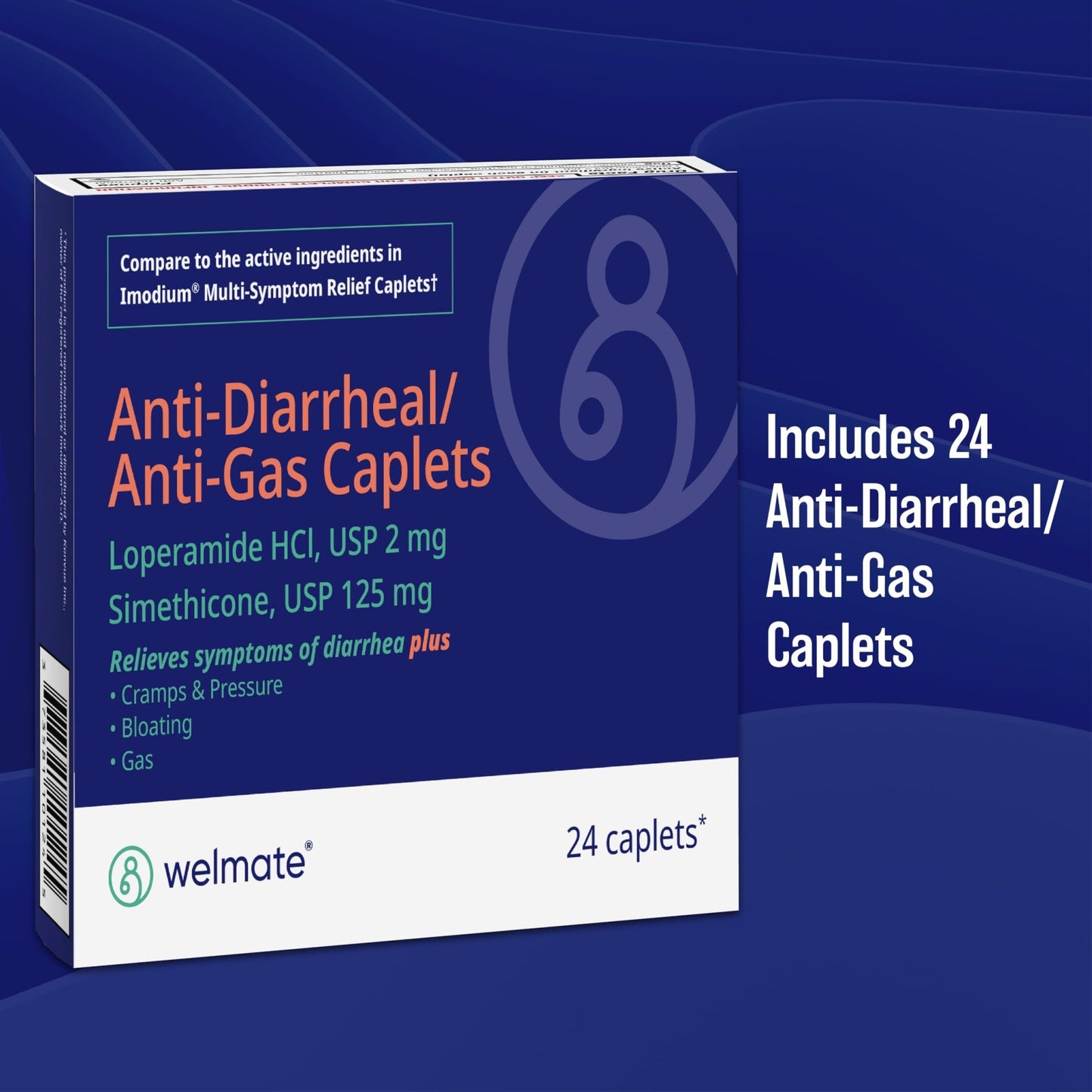 WELMATE - Anti-Diarrheal/Anti-Gas Caplets (24 Count) - Diarrhea, Gas, Bloating, Cramps - Loperamide HCl 2mg & Simethicone 125mg - OTC Medication - dailyvitalstore