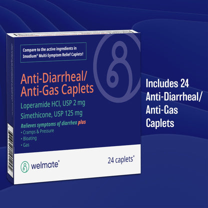 WELMATE - Anti-Diarrheal/Anti-Gas Caplets (24 Count) - Diarrhea, Gas, Bloating, Cramps - Loperamide HCl 2mg & Simethicone 125mg - OTC Medication - dailyvitalstore