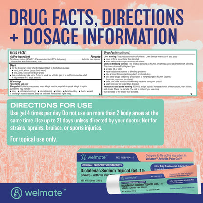 WELMATE - Arthritis Pain Reliever - Diclofenac Sodium Topical Gel 1% - Arthritis Relief - Pain Relief Cream/Gel - Mobility Aids - 5.29 oz - 3 Pack - dailyvitalstore