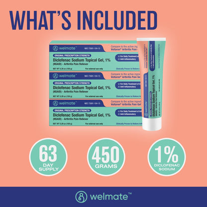 WELMATE - Arthritis Pain Reliever - Diclofenac Sodium Topical Gel 1% - Arthritis Relief - Pain Relief Cream/Gel - Mobility Aids - 5.29 oz - 3 Pack - dailyvitalstore