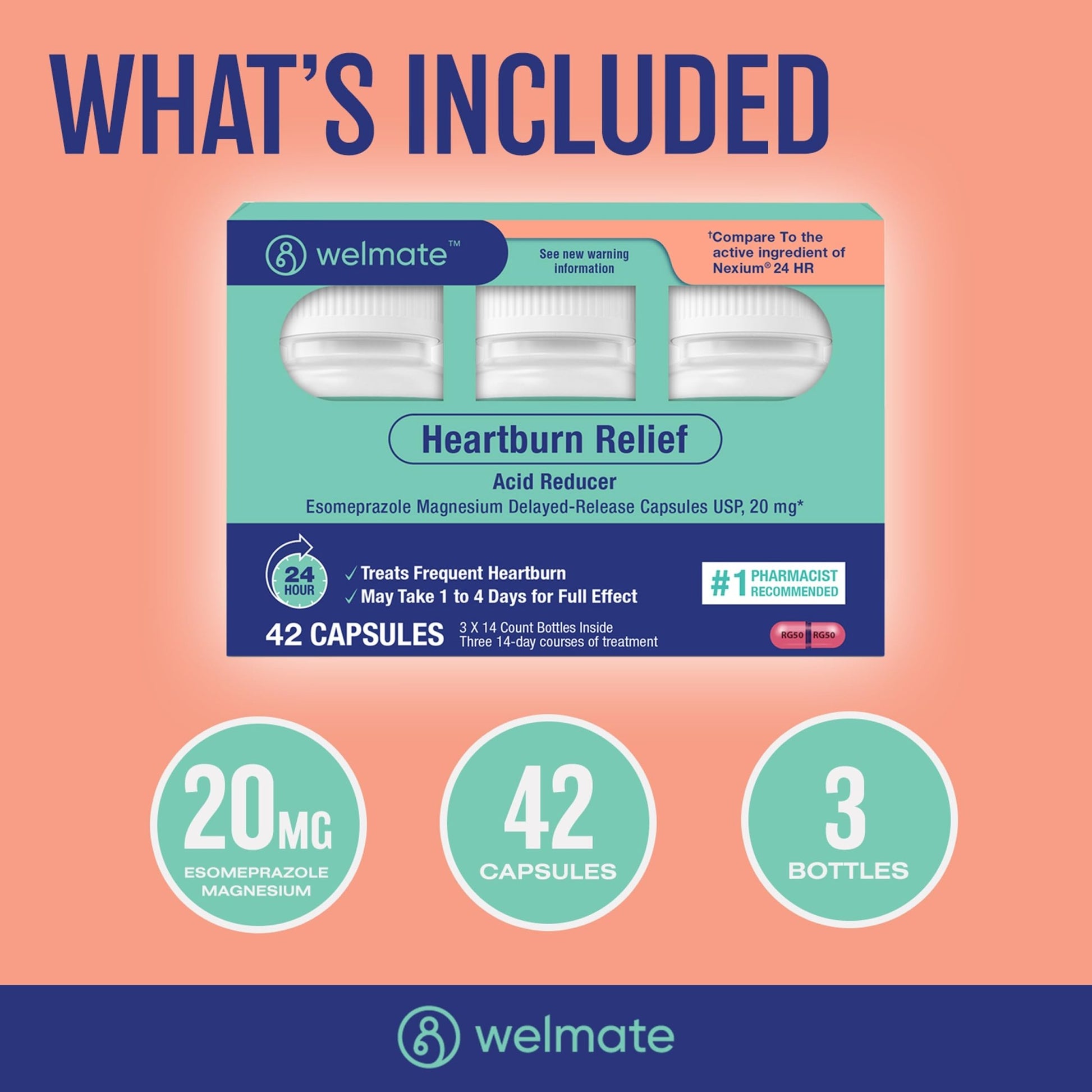 WELMATE Esomeprazole Magnesium 20mg Delayed Release Capsules, 84 Count (2-Pack) – Acid Reducer for Frequent Heartburn & Acid Reflux Relief, 24HR Protection, Digestion Support - dailyvitalstore