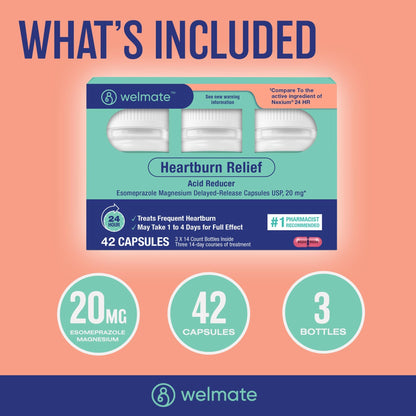 WELMATE Esomeprazole Magnesium 20mg Delayed Release Capsules, 84 Count (2-Pack) – Acid Reducer for Frequent Heartburn & Acid Reflux Relief, 24HR Protection, Digestion Support - dailyvitalstore