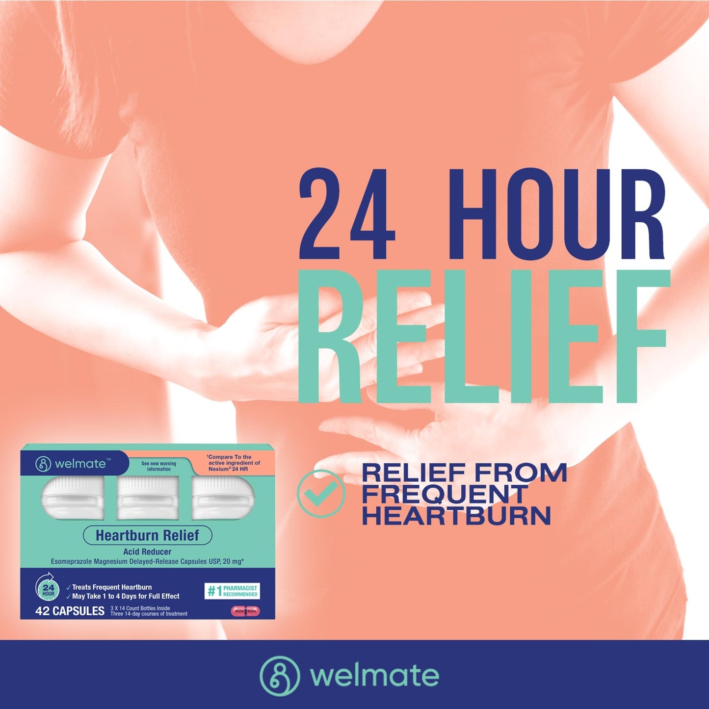 WELMATE Esomeprazole Magnesium 20mg Delayed Release Capsules, 84 Count (2-Pack) – Acid Reducer for Frequent Heartburn & Acid Reflux Relief, 24HR Protection, Digestion Support - dailyvitalstore