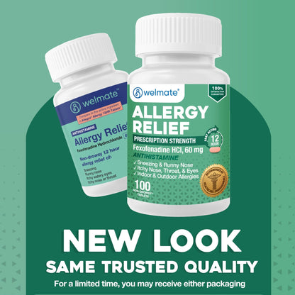 WELMATE - Fexofenadine Hydrochloride 60mg (100 Tablets) - Non Drowsy Allergy Medicine - 12 Hours - Antihistamine - Nose, Eyes, Throat - Generic Allergy Pills - Gluten Free, Over-the-Counter Medication - dailyvitalstore