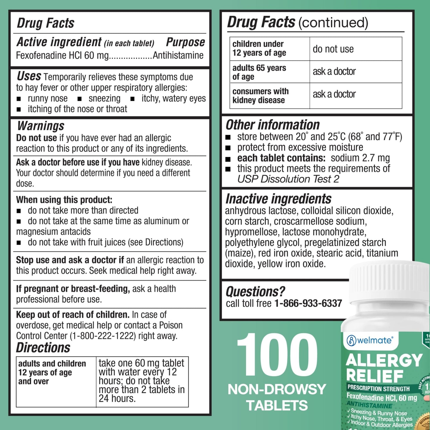 WELMATE - Fexofenadine Hydrochloride 60mg (100 Tablets) - Non Drowsy Allergy Medicine - 12 Hours - Antihistamine - Nose, Eyes, Throat - Generic Allergy Pills - Gluten Free, Over-the-Counter Medication - dailyvitalstore