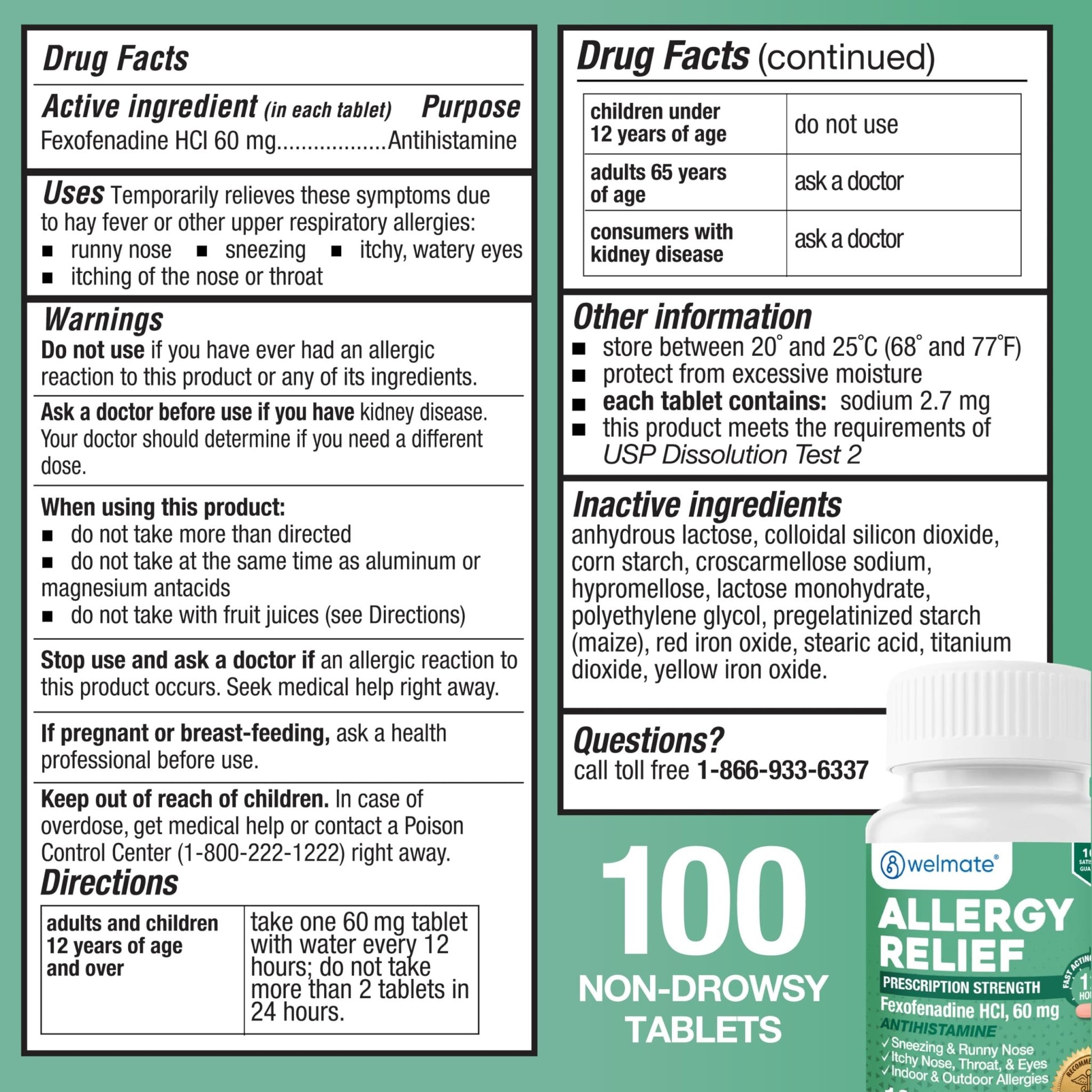 WELMATE - Fexofenadine Hydrochloride 60mg (100 Tablets) - Non Drowsy Allergy Medicine - 12 Hours - Antihistamine - Nose, Eyes, Throat - Generic Allergy Pills - Gluten Free, Over-the-Counter Medication - dailyvitalstore