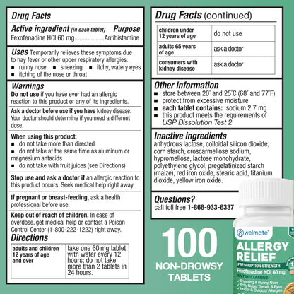 WELMATE - Fexofenadine Hydrochloride 60mg (100 Tablets) - Non Drowsy Allergy Medicine - 12 Hours - Antihistamine - Nose, Eyes, Throat - Generic Allergy Pills - Gluten Free, Over-the-Counter Medication - dailyvitalstore