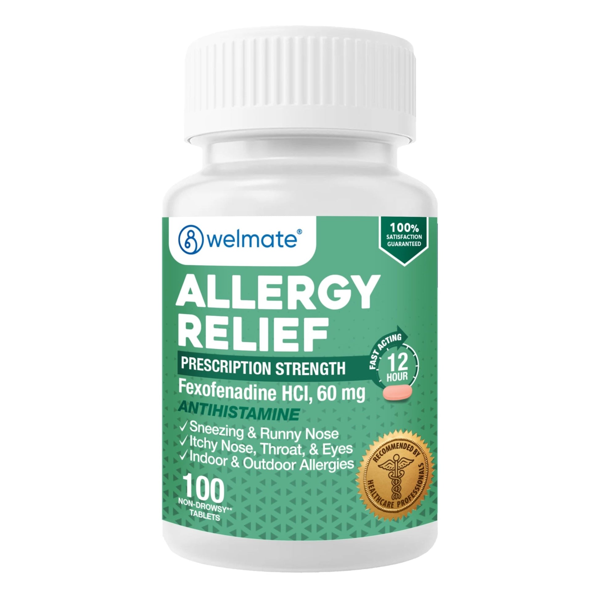 WELMATE - Fexofenadine Hydrochloride 60mg (100 Tablets) - Non Drowsy Allergy Medicine - 12 Hours - Antihistamine - Nose, Eyes, Throat - Generic Allergy Pills - Gluten Free, Over-the-Counter Medication - dailyvitalstore