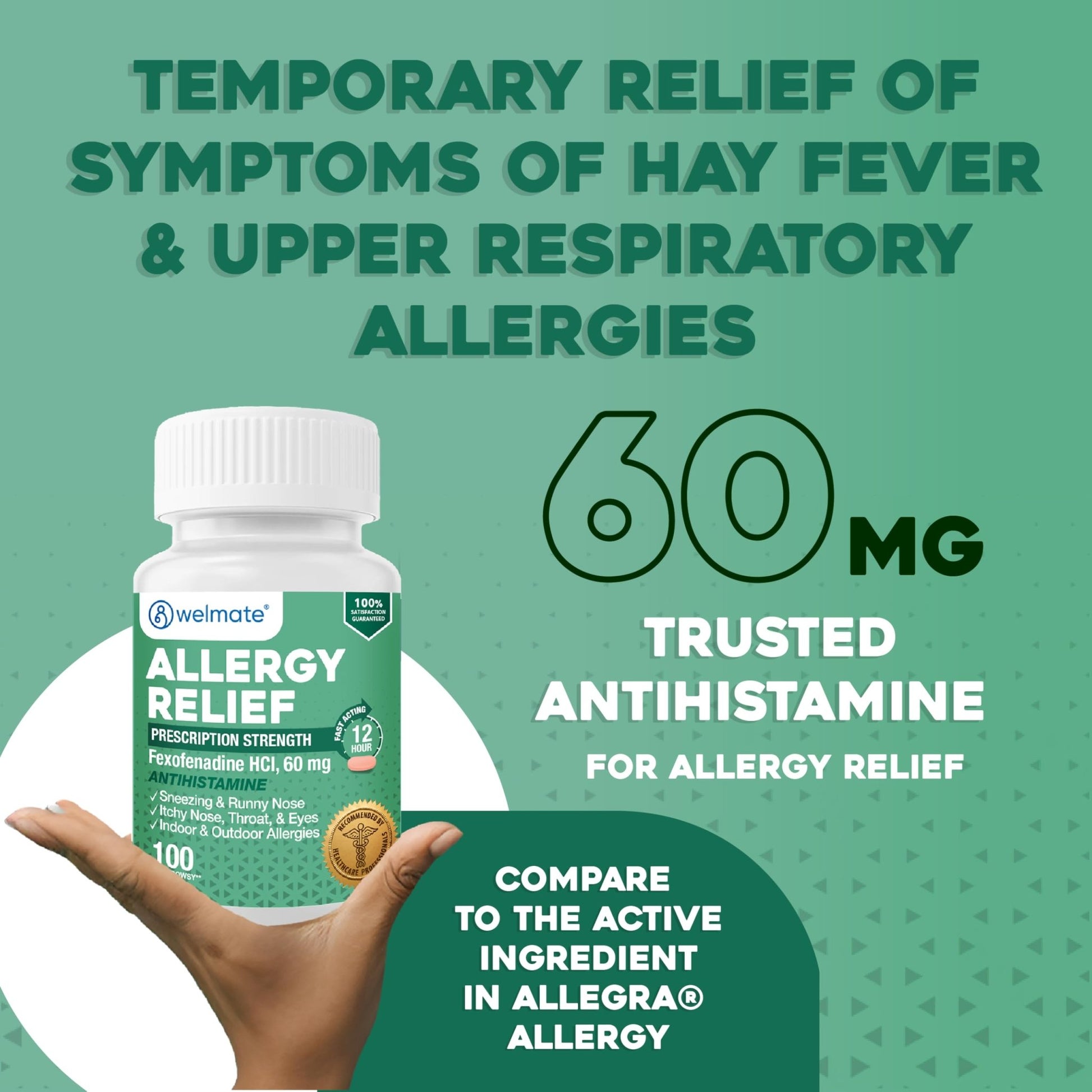 WELMATE - Fexofenadine Hydrochloride 60mg (100 Tablets) - Non Drowsy Allergy Medicine - 12 Hours - Antihistamine - Nose, Eyes, Throat - Generic Allergy Pills - Gluten Free, Over-the-Counter Medication - dailyvitalstore