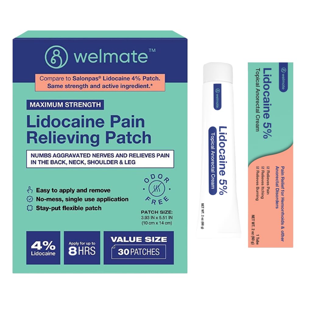 WELMATE Ultimate Pain Relief Duo: 4% Lidocaine Numbing Patch (30 Ct) & 5% Lidocaine Cream (2 Oz) | Maximum Strength Topical Analgesic Kit - dailyvitalstore