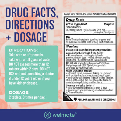 WELMATE Urinary Pain UTI Relief Maximum Strength (Phenazopyridine HCL) - Improve Urinary Tract Health & Bladder Control, Urgency, & Discomfort | Over-The-Counter Medication for Men & Women (72 Pills) - dailyvitalstore