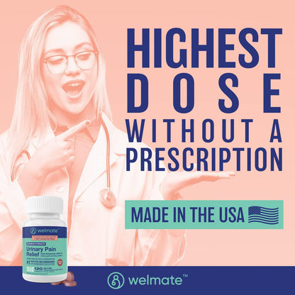 WELMATE Urinary Pain UTI Relief Maximum Strength (Phenazopyridine HCL) - Improve Urinary Tract Health & Bladder Control, Urgency, & Discomfort | Over-The-Counter Medication for Men & Women (120 Pills) - dailyvitalstore